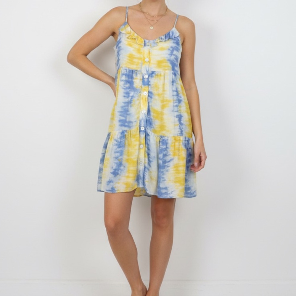 Hyfve Blue Yellow Tie Dye Mini Dress Ruffle Button Front Tiered Babydoll Size L